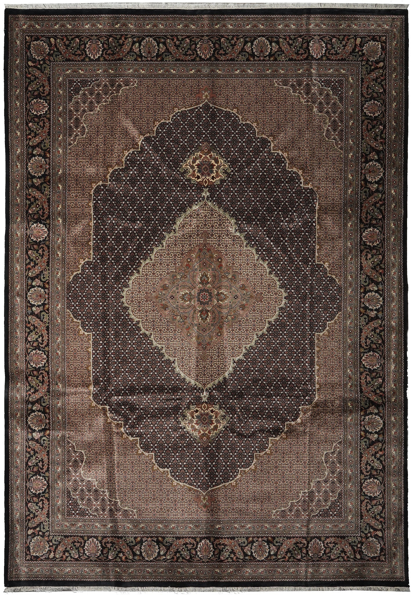 9.7 x 13.7 Fine Tabriz Mahi Hand Knotted Wool Silk Rug Black: 9.7 x 13.7 Fine Tabriz Mahi Hand Knotted Wool Silk Rug Black Free continental US Shipping Fine quality Tabriz Mahi hand-knotted rug in black, crafted from wool and silk. This un-used rug features the 