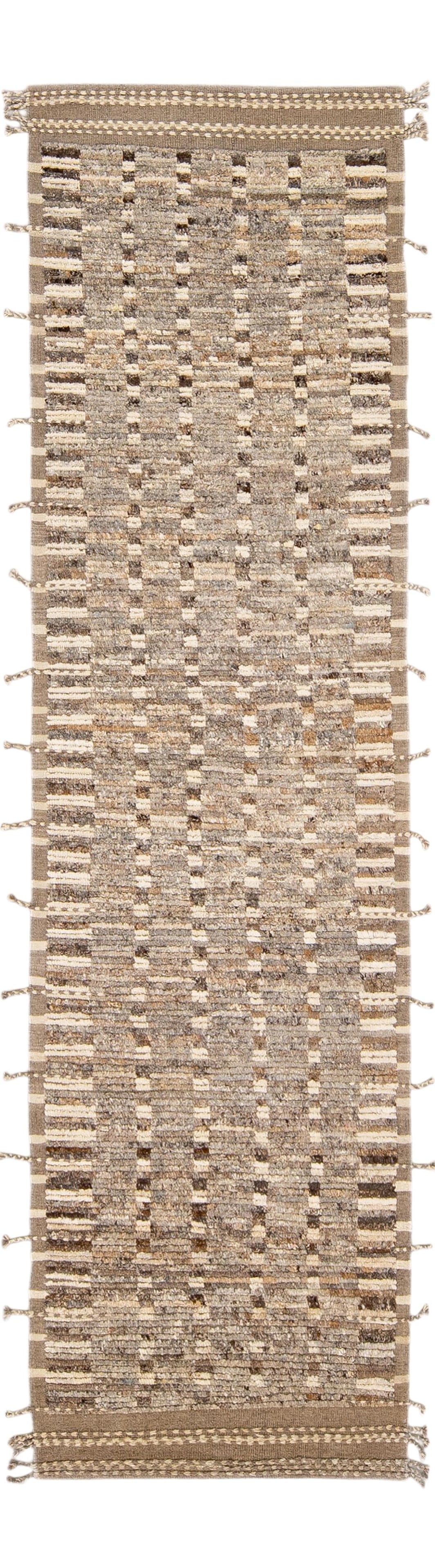 Handmade Moroccan Brown Wool Runner with Bohemian Design 3'4 x 13'5: Handmade Moroccan Brown Wool Runner with Bohemian Design 3'4 x 13'5 Elevate your space with this stunning handmade Moroccan style wool runner. Featuring a rich brown field complemented by beige and gr