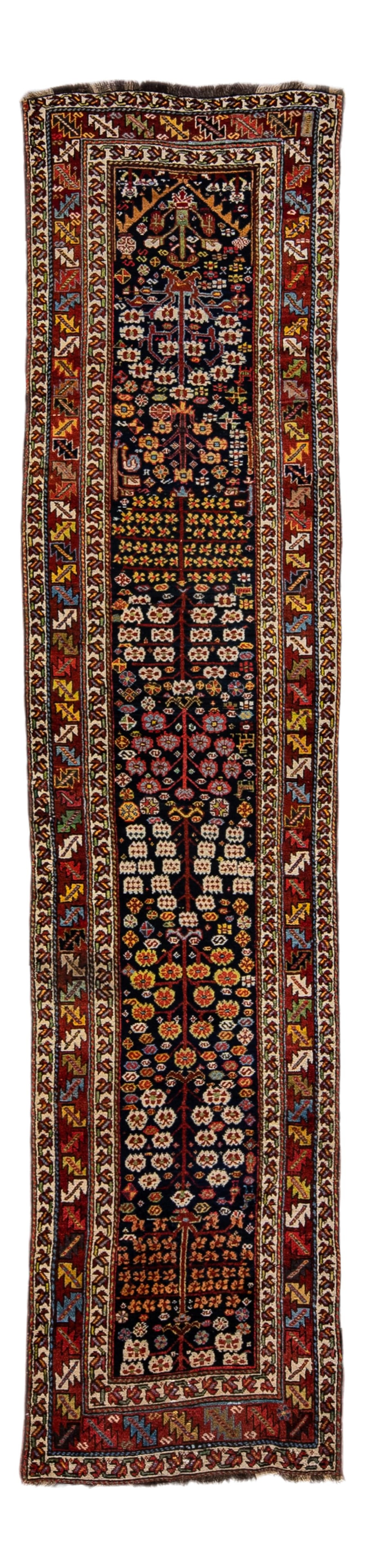 Antique Turkish Kurd Hand-Knotted Wool Runner 3'2" x 14'4": Antique Turkish Kurd Hand-Knotted Wool Runner 3'2" x 14'4" This exquisite antique Turkish Kurd hand-knotted runner features a striking dark-blue field adorned with an all-over multicolored floral desi