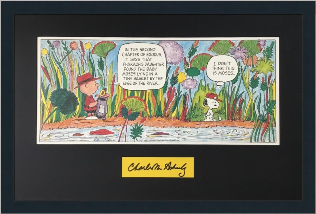 Framed Peanuts lithograph signed Charles Schulz with Snoopy Charlie Brown: Framed Peanuts lithograph signed Charles Schulz with Snoopy Charlie Brown Original Peanuts cartoon lithograph titled "Snoopy and Charlie Brown," featuring a Charles Schulz signed cut and professionall