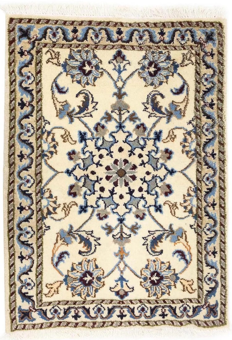 Indo-Nain Wool Area Rug 1'11 x 2'9 Hand-Knotted Floral Pattern: Indo-Nain Wool Area Rug 1'11 x 2'9 Hand-Knotted Floral Pattern This is a hand-knotted small Indo-Nain wool oriental rug featuring a floral design with a vintage theme. Crafted in India between 1990 an
