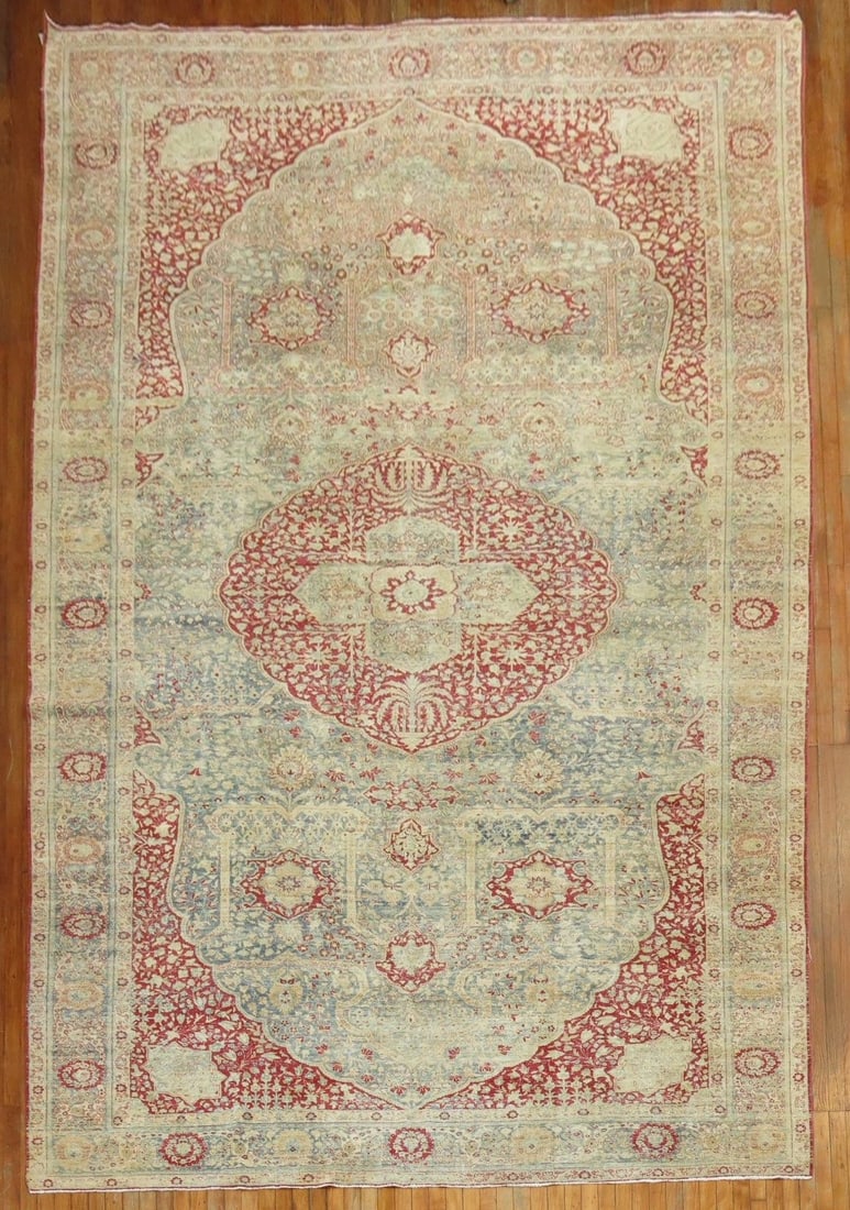 9' 2" x 17' Persian Kerman Carpet Icy Blue Red Medallion: 9' 2" x 17' Persian Kerman Carpet Icy Blue Red Medallion Early 20th century Persian Kerman rug featuring an icy blue field with a red medallion and a formal motif. This pre-owned oversize rug shows ev