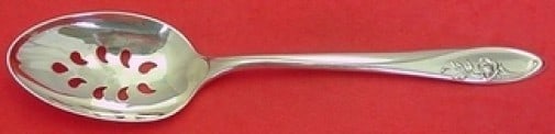 Towle Sculptured Rose sterling silver pierced serving spoon 8 1/2 9-hole: Towle Sculptured Rose sterling silver pierced serving spoon 8 1/2 9-hole Sterling silver pierced serving spoon in the Sculptured Rose pattern by Towle. This original 9-hole slotted spoon is not monogr