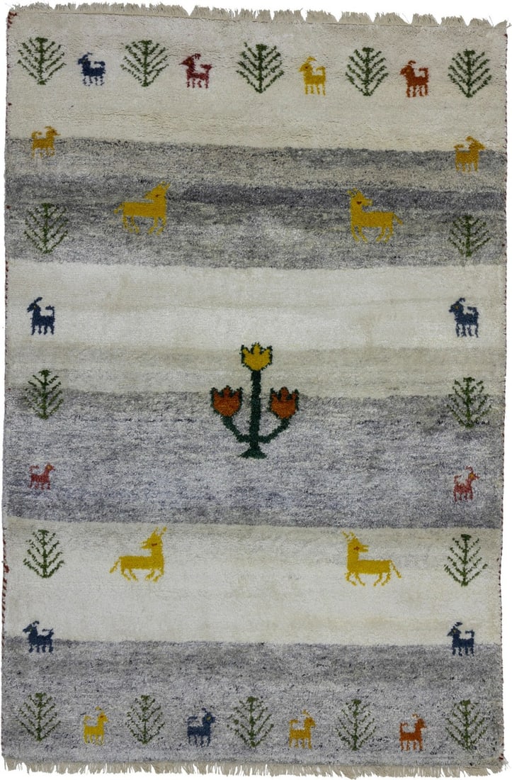 Hand-Knotted Wool Indo-Gabbeh Rug Tribal Pictorial Design 4'1 x 5'11 India: Hand-Knotted Wool Indo-Gabbeh Rug Tribal Pictorial Design 4'1 x 5'11 India This hand-knotted Indo-Gabbeh area rug features a modern tribal pictorial design in cream, gray, gold, red, blue, green, and 