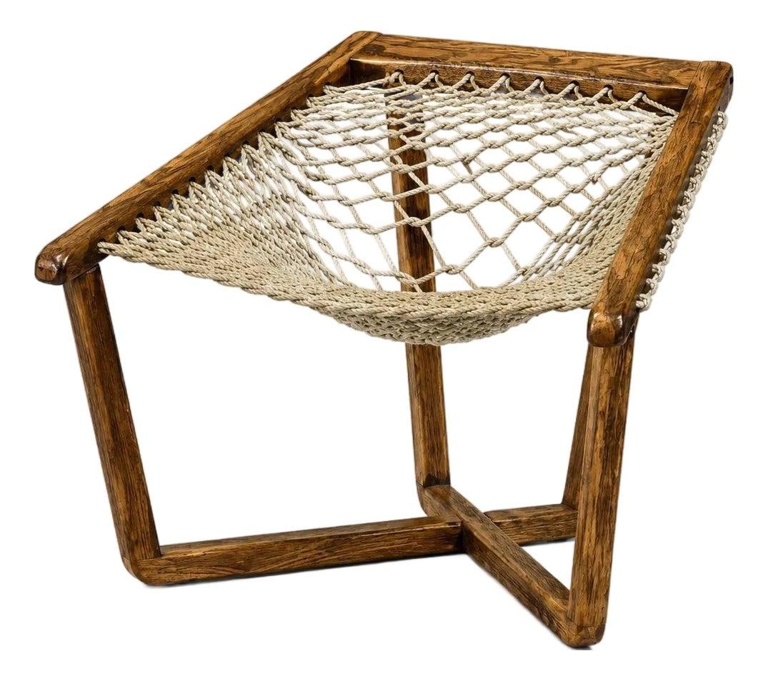 1970s Oak Rope Seat Net Chair Made in USA: 1970s Oak Rope Seat Net Chair Made in USA 1970s modern net chair featuring a solid oak frame and woven rope seat. Made in the USA with a brown finish. Pre-owned condition. Specifications Item Type: Ch