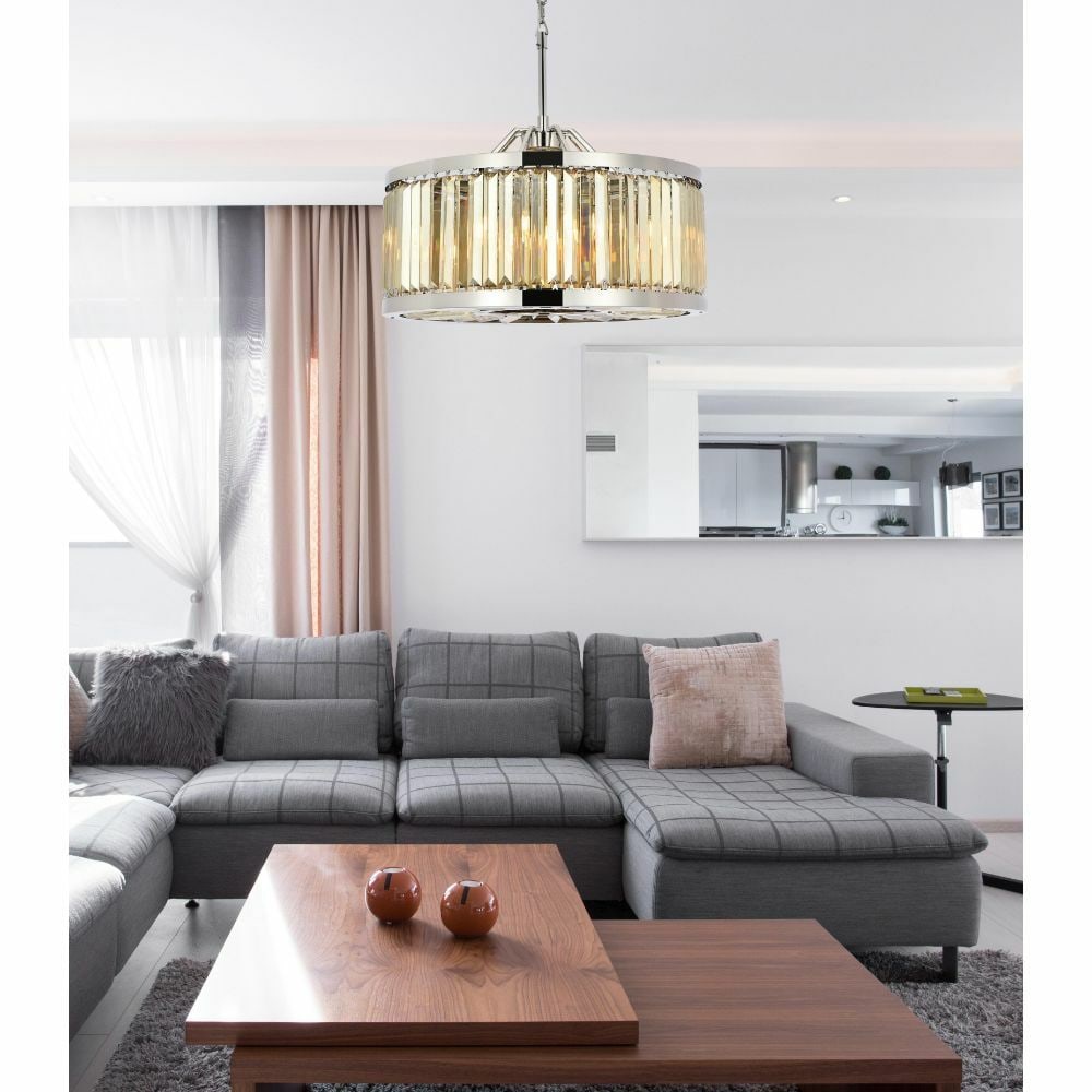 Chelsea 8 Light Crystal Chandelier Polished Nickel 28 in: Chelsea 8 Light Crystal Chandelier Polished Nickel 28 in Modern 8-light chandelier with Royal Cut Golden Teak crystals and a polished nickel frame. It is hardwired, height-adjustable, and designed for