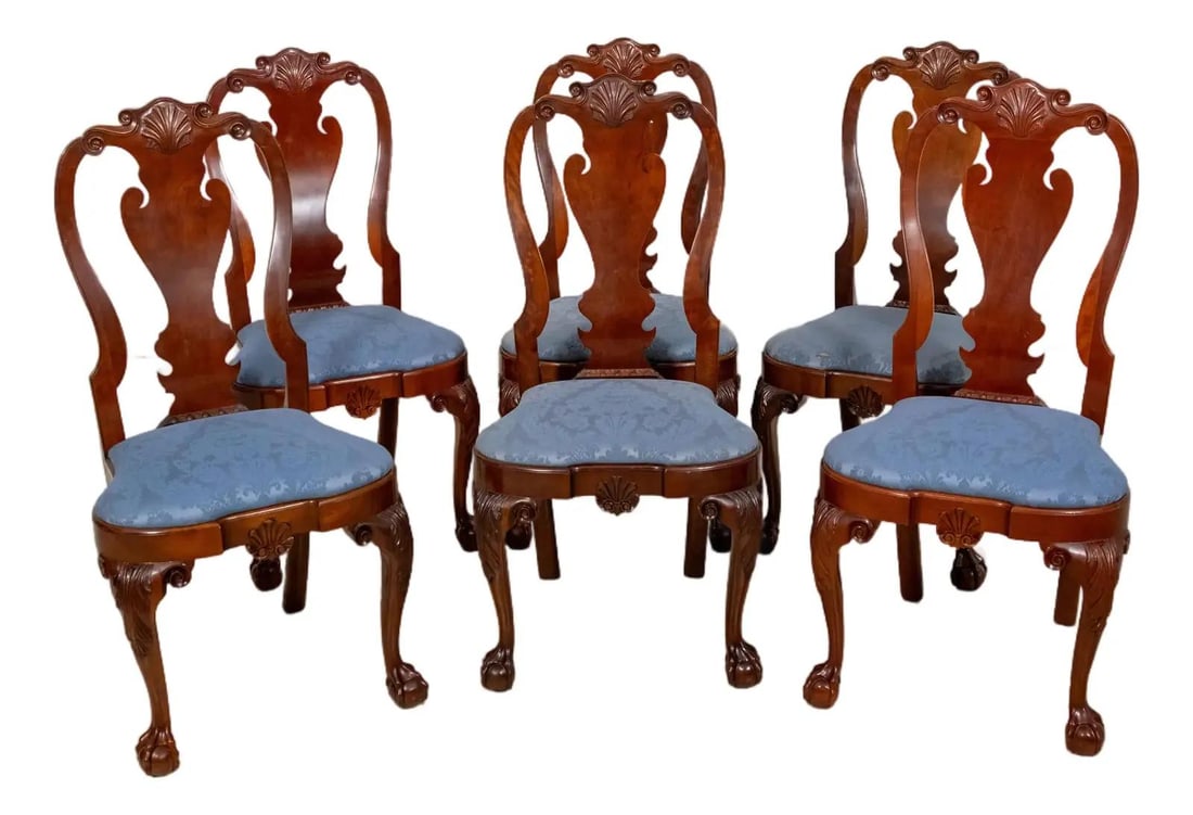 Set of 6 Kindel Winterthur Dining Chairs Cherry Wood Blue Damask: Set of 6 Kindel Winterthur Dining Chairs Cherry Wood Blue Damask This exquisite set of 6 Kindel Winterthur Philadelphia dining chairs showcases a timeless traditional style, crafted around 1991. Each 