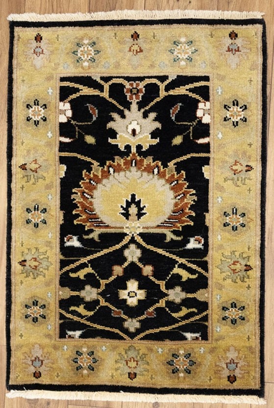 2x3 Hand-Knotted Wool Black Floral Modern Oushak Accent Rug: 2x3 Hand-Knotted Wool Black Floral Modern Oushak Accent Rug This handmade black floral Oushak Chobi oriental rug features a striking blend of black, gold, olive green, cream, rust, brown, and light bl