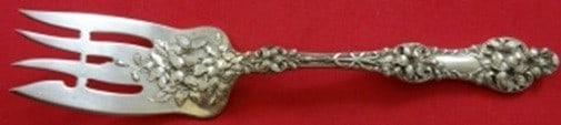 Sterling Cold Meat Fork Old Orange Blossom Alvin Gorham 7 3/4 in: Sterling Cold Meat Fork Old Orange Blossom Alvin Gorham 7 3/4 in Sterling silver cold meat fork in the Old Orange Blossom pattern by Alvin / Gorham. It features a bar and flowers on the shoulder, is n