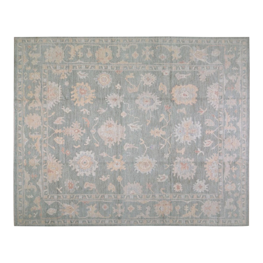 12'1 x 15'1 Oushak Gray Wool Area Rug Hand Knotted Turkish: 12'1 x 15'1 Oushak Gray Wool Area Rug Hand Knotted Turkish This Turkish Oushak rug is expertly hand-knotted from wool, showcasing a blend of timeless craftsmanship and modern design. Its soft texture 