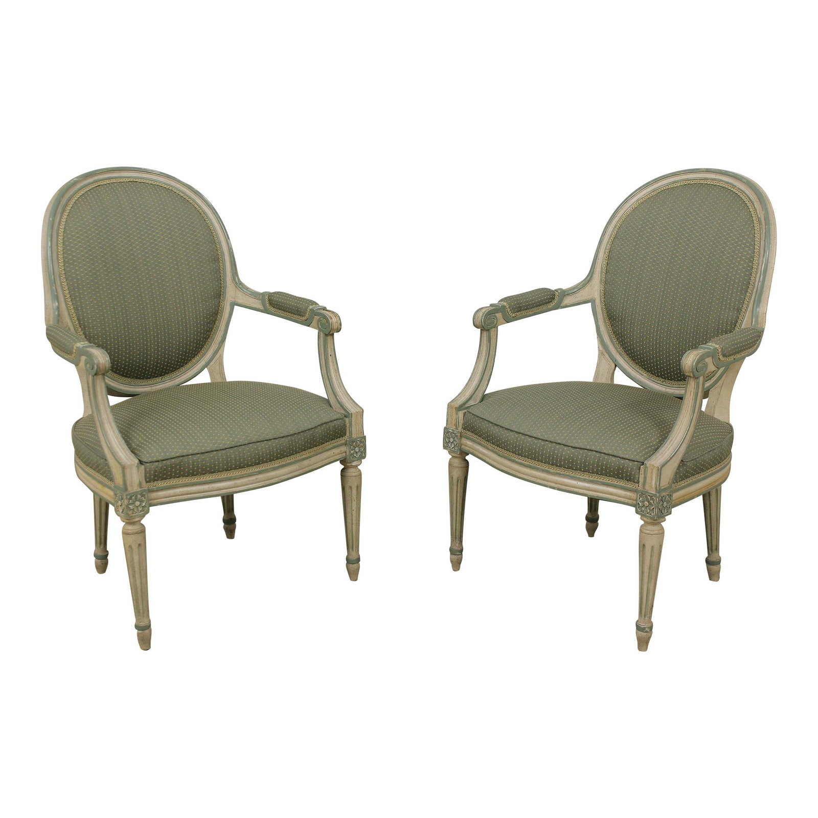 Elegant Pair of Louis XVI Green Upholstered Armchairs: Elegant Pair of Louis XVI Green Upholstered Armchairs This exquisite pair of French Louis XVI armchairs showcases a charming green upholstery and an elegant design influenced by the 18th century. Craf
