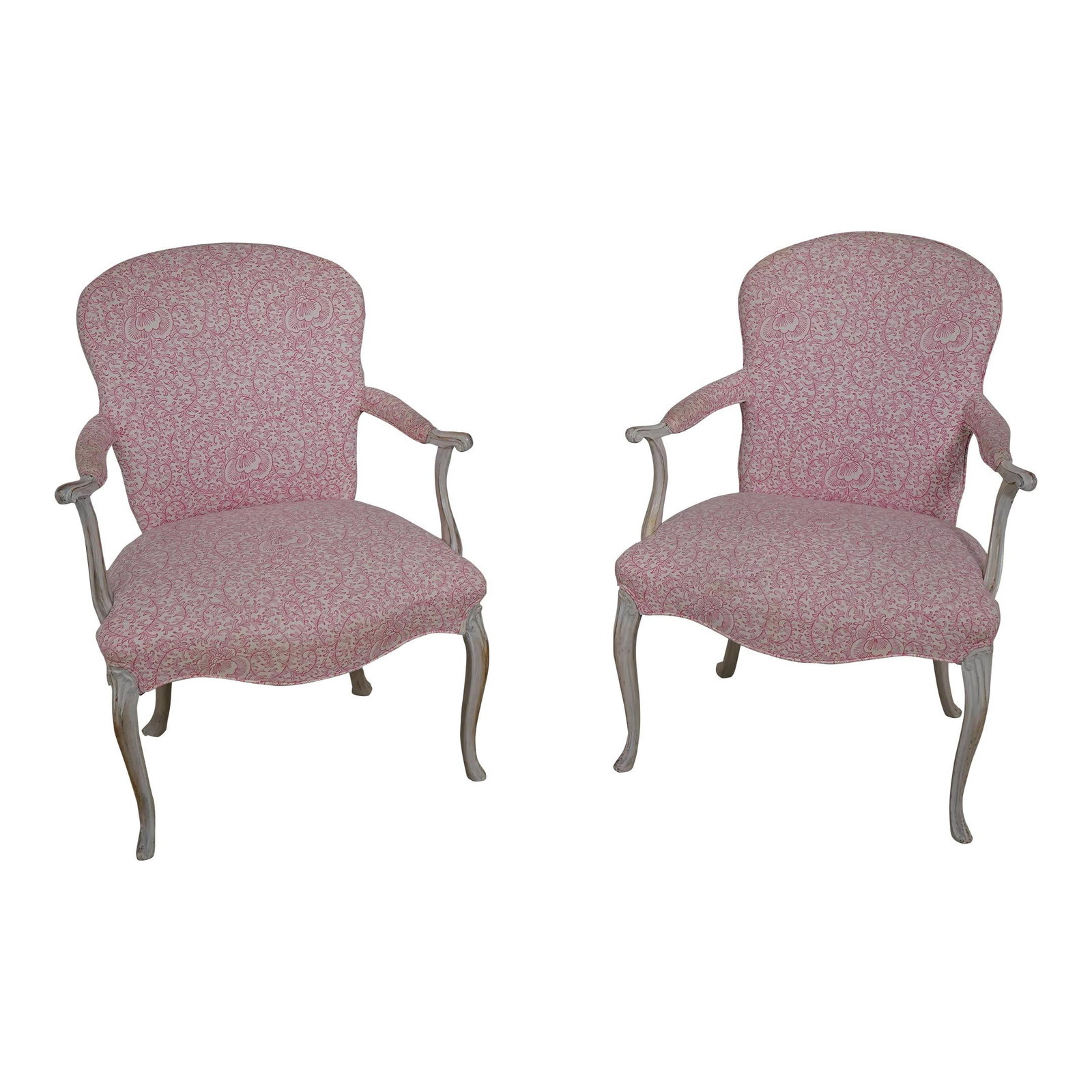Elegant Pair of French Shabby Chic Upholstered Armchairs: Elegant Pair of French Shabby Chic Upholstered Armchairs This exquisite pair of French style shabby chic upholstered open armchairs boasts a dainty petite design with quality construction. Featuring a