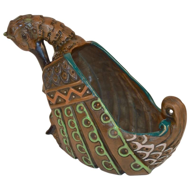 Charming Arts and Crafts Austrian Amphora Duck Planter: Charming Arts and Crafts Austrian Amphora Duck Planter This charming Arts and Crafts Austrian Amphora Duck Planter features a delightful design of a mother duck accompanied by two ducklings. Crafted f