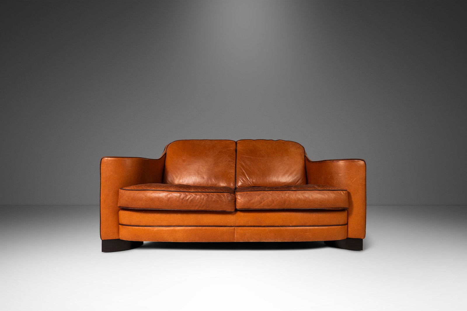 1970s Art Deco Mid-Century Modern Loveseat Sofa Patinaed Leather Sculptural Arms USA (1 of 10)