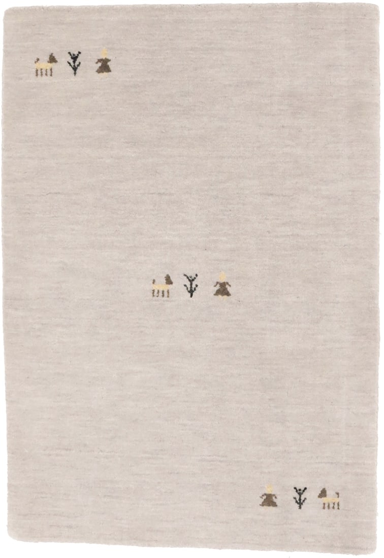 Hand-Loomed Wool Modern Pictorial Rug 2'1 x 3'1 Greige Area Carpet: Hand-Loomed Wool Modern Pictorial Rug 2'1 x 3'1 Greige Area Carpet This hand-loomed Gabbeh rug features a pictorial tribal pattern in a modern greige color scheme. Made from wool, it is designed for u
