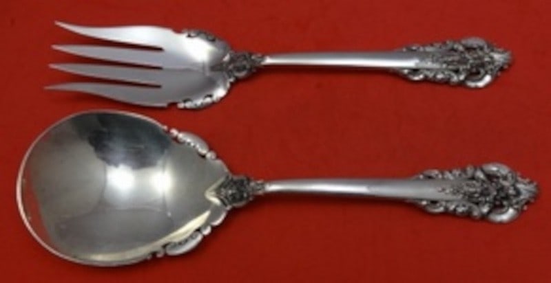 Sterling Silver 9 Inch Salad Serving Set Grande Baroque Pattern: Sterling Silver 9 Inch Salad Serving Set Grande Baroque Pattern This is a Grande Baroque salad serving set by Wallace, crafted from sterling silver in the ornate Baroque style. The set is all sterling
