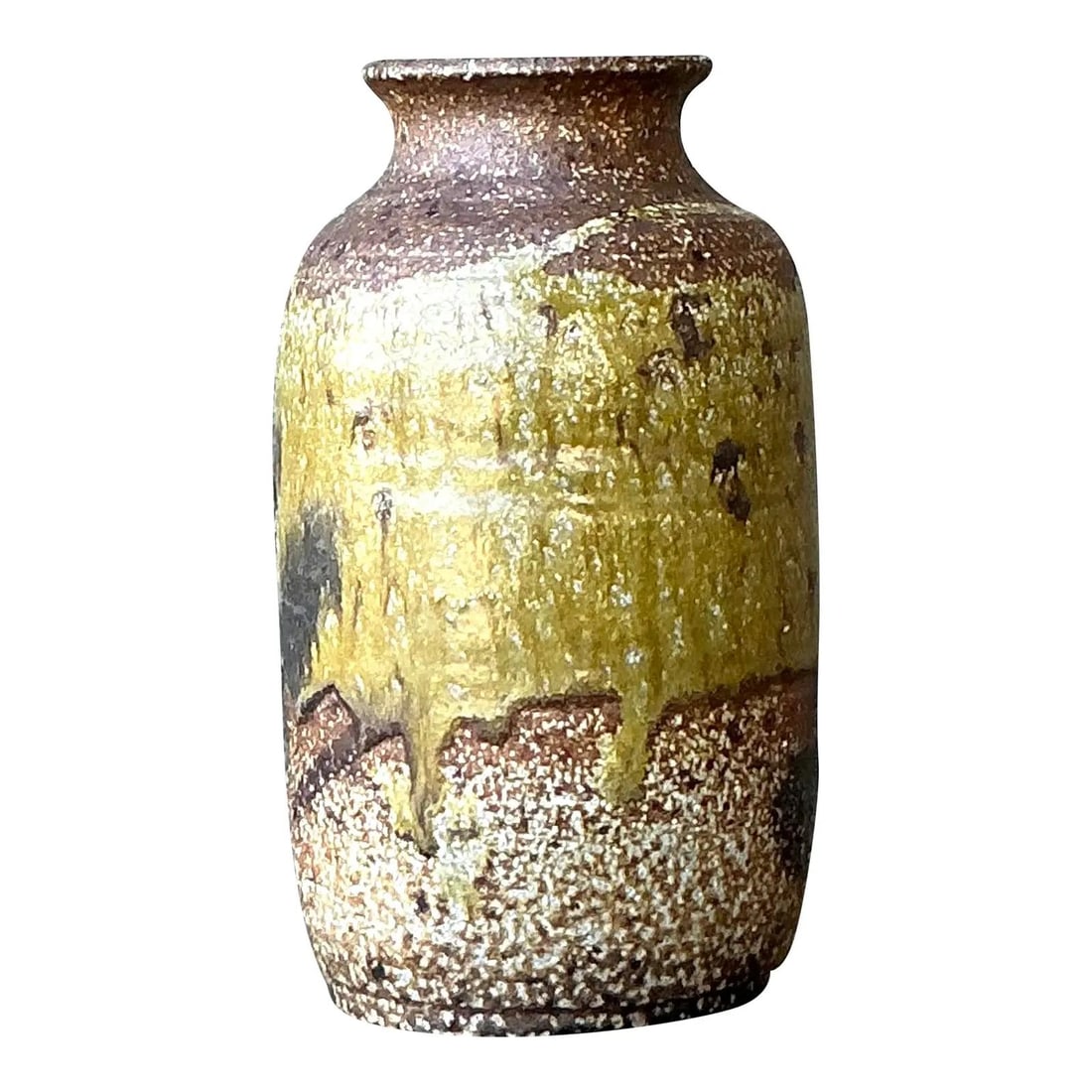Handmade 1970s Studio Pottery Glazed Stoneware Vase with Earth-Tone Finish: Handmade 1970s Studio Pottery Glazed Stoneware Vase with Earth-Tone Finish This vintage glazed ceramic vase showcases hand-thrown studio pottery craftsmanship from the 1970s. Featuring a textured glaz