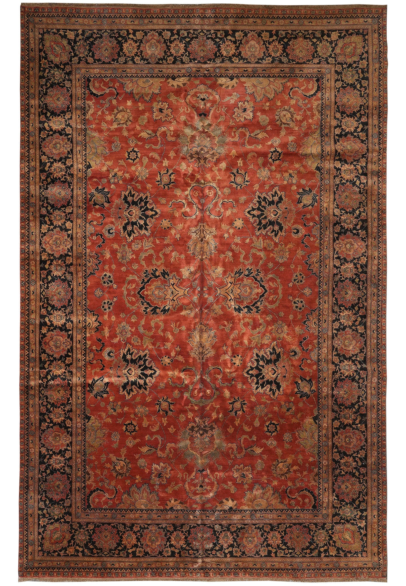 12 x 18 Semi-Antique Kerman Hand-Knotted Wool Rug Open Red Field: 12 x 18 Semi-Antique Kerman Hand-Knotted Wool Rug Open Red Field Free continental US Shipping This is a 12 x 18 hand-knotted Jaipur rug in lustrous wool, presented as a semi-antique Kerman with a clas