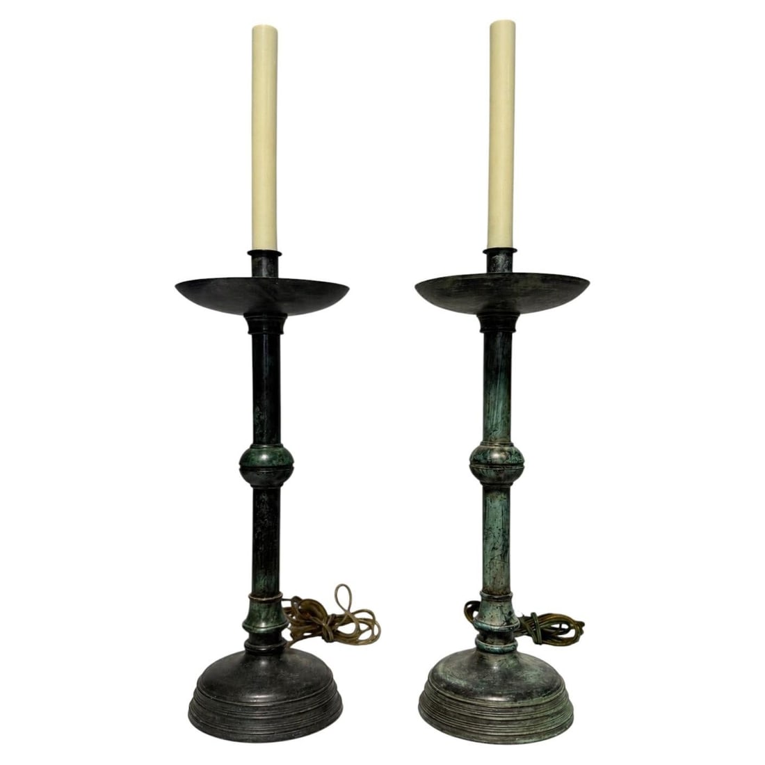 Set of 2 Neoclassical Brass Bronze Candlestick Form Table Lamps: Set of 2 Neoclassical Brass Bronze Candlestick Form Table Lamps Pair of mid-20th century candlestick-form table lamps with a bronzed finish and green verdigris patina. Designed in a restrained neoclas