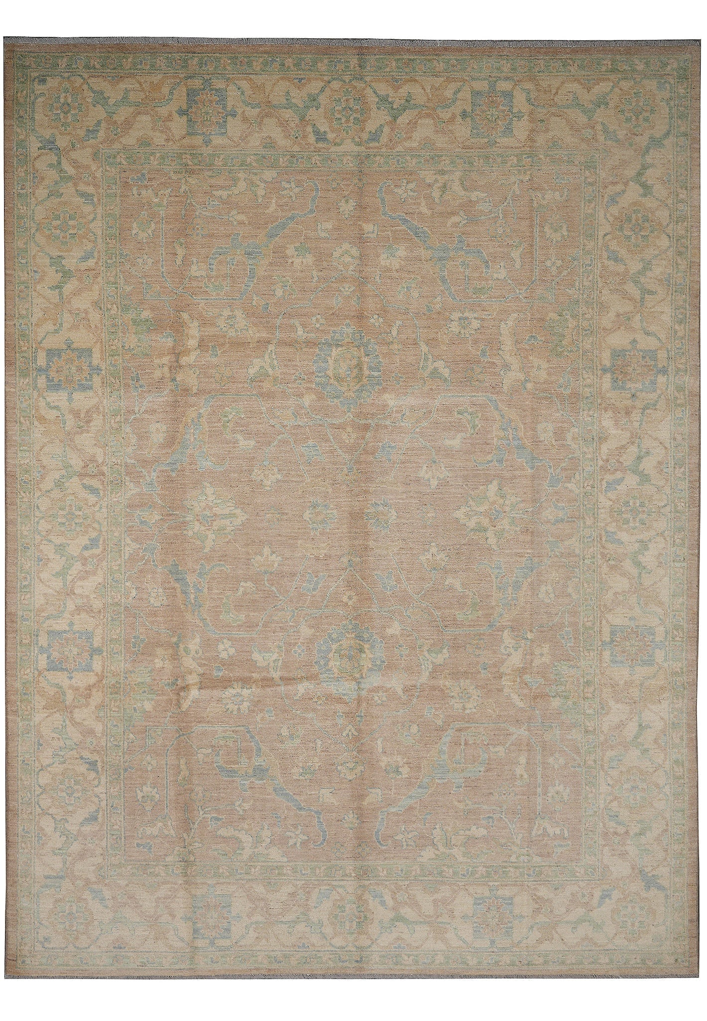 Handmade Wool Zigler Area Rug 108 x 144 in Neutral Peach Green Pakistan: Handmade Wool Zigler Area Rug 108 x 144 in Neutral Peach Green Pakistan Free continental US Shipping This neutral warm-toned handmade rug features a classic Chobi Peshawar Zigler pattern with