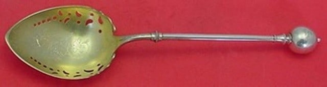 Wendt Sterling Silver Ball End Serving Spoon Gold Washed 9 7/8 in: Wendt Sterling Silver Ball End Serving Spoon Gold Washed 9 7/8 in This exquisite serving spoon features the elegant Ball End Pattern by Wendt, crafted from high-quality sterling silver. The spoon is b