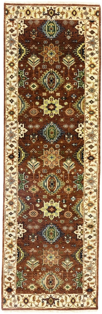 Hand-knotted wool geometric runner 2'6 x 7'11 rust cream: Hand-knotted wool geometric runner 2'6 x 7'11 rust cream This is a pre-owned hand-knotted runner rug featuring a geometric Indo-Karajeh design in rust, cream, green, gray, pastel yellow, and rusty pea