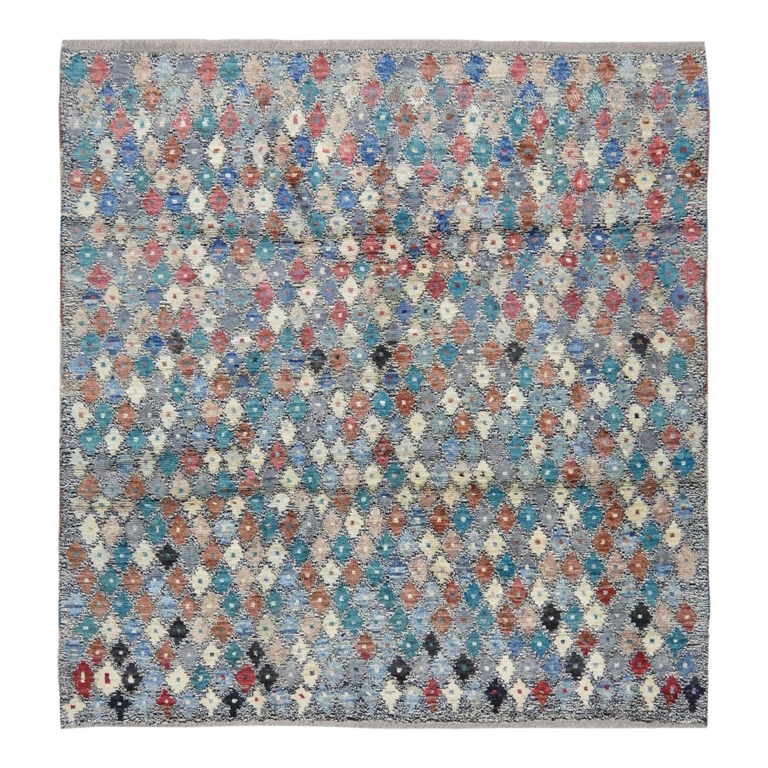 6'3"X6'7" Wool Beni Ourain Rug Hand Knotted Moroccan Gray: 6'3"X6'7" Wool Beni Ourain Rug Hand Knotted Moroccan Gray This 1990s Moroccan Beni Ourain rug features a hand-knotted construction with natural colors and a soft texture. The rug showcases a contempor