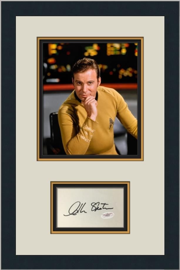 Custom Framed William Shatner Cut Signature Display JSA Star Trek Kirk: Custom Framed William Shatner Cut Signature Display JSA Star Trek Kirk Custom framed display featuring an authentic William Shatner cut signature card paired with a color photo of Captain James T. Kir