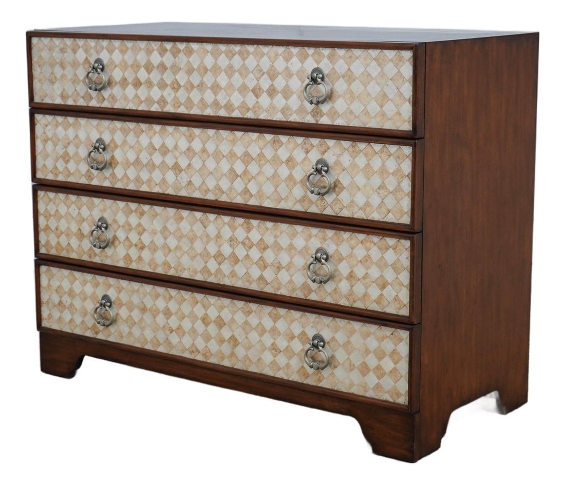 Mahogany 4 Drawer Chest by Butler with Shell Texture Fronts: Mahogany 4 Drawer Chest by Butler with Shell Texture Fronts Traditional Butler decorator chest with four drawers, crafted in mahogany and featuring bracket feet, dovetailed drawer construction, and in