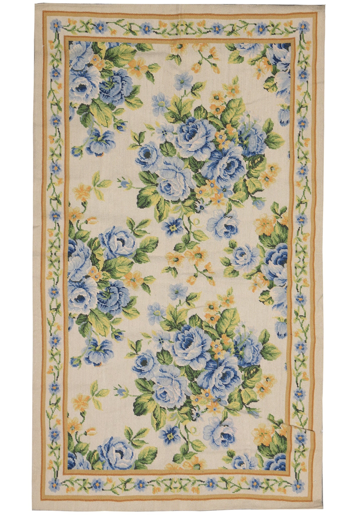 3 x 5 French Floral Needlepoint Rug Hand Stitched Wool: 3 x 5 French Floral Needlepoint Rug Hand Stitched Wool Free continental US Shipping This 3 x 5 French floral needlepoint rug features an abundant romantic floral design with scrolling leaves and flora