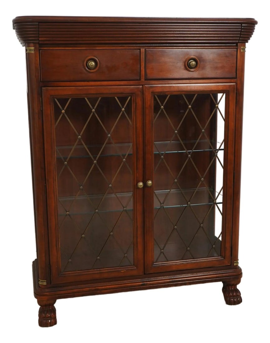 Cherry Wood Lighted Display Cabinet Nautica Series with Glass Shelves: Cherry Wood Lighted Display Cabinet Nautica Series with Glass Shelves This display cabinet from the Lexington Nautica Collection features cherry wood construction with a light factory-distressed finis