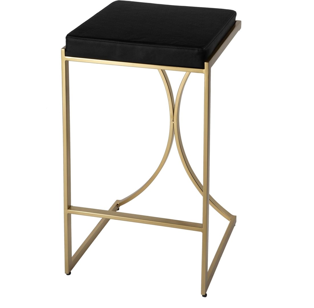 Butler Natalya Stool Black Faux Leather Gold-Plated Base: Butler Natalya Stool Black Faux Leather Gold-Plated Base Elevate your space with the Sleek Natalya Stool, featuring a sophisticated black faux leather upholstery paired with a luxurious gold-plated st