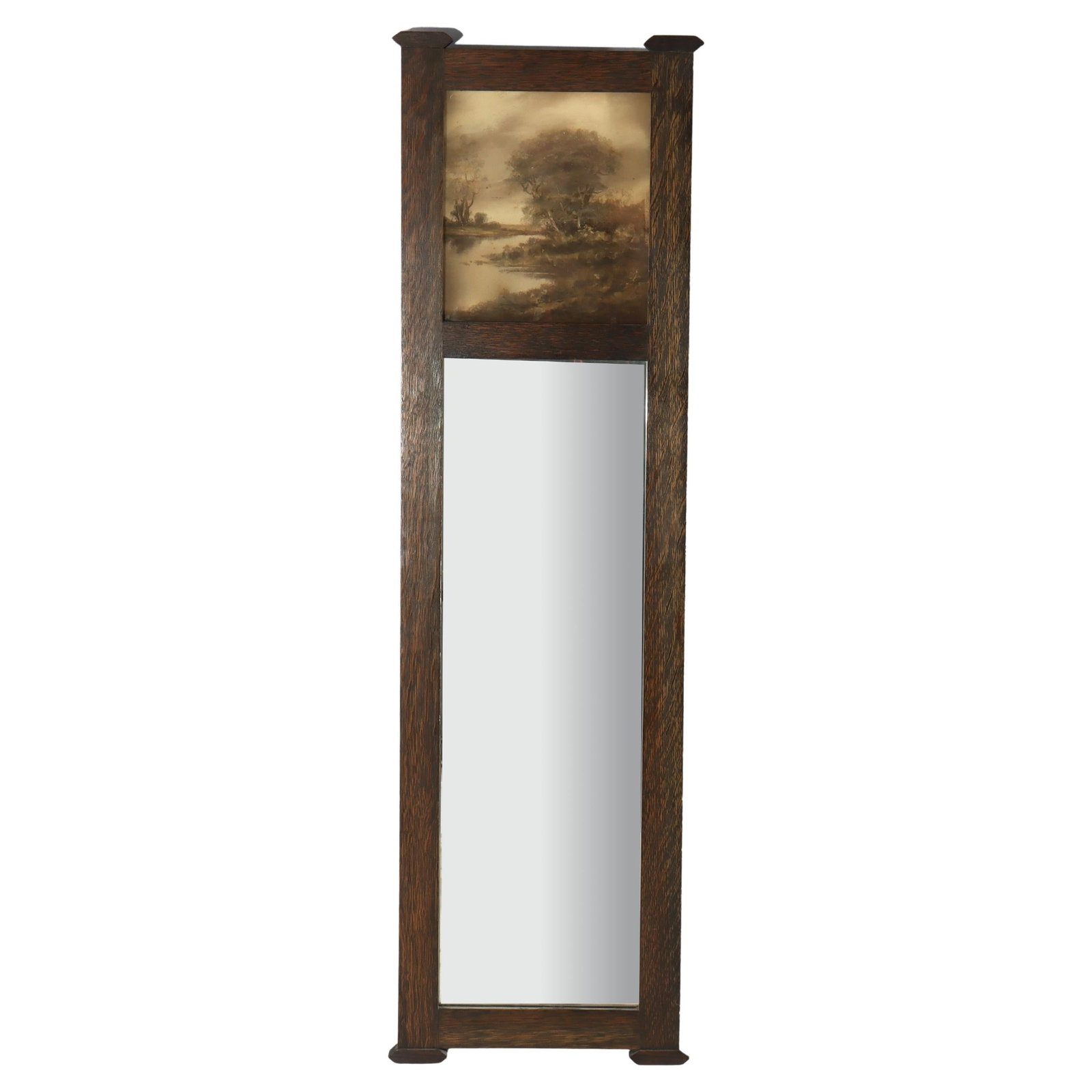 Arts and Crafts Oak Trumeau Mirror with Printed Landscape Panel circa 1920 (1 of 8)