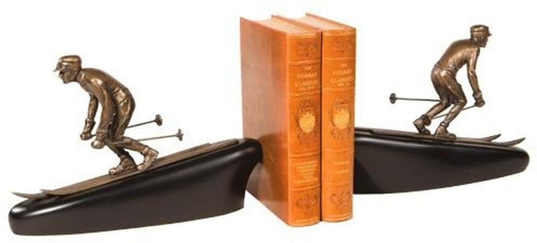 Brass Ebony Skiing Bookends Lodge Style Hand-Cast Decor: Brass Ebony Skiing Bookends Lodge Style Hand-Cast Decor This item is made at time of order. Please allow 42 to 70 days for production. Enhance your winter lodge decor with these stunning Brass Ebony S