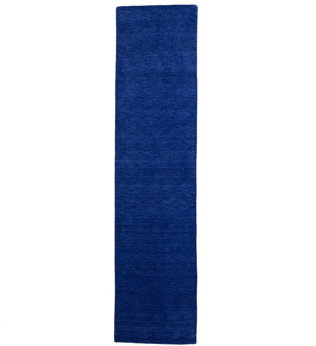 Solid Royal Blue 2'10 x 11'10 Modern Wool Indo-Gabbeh Runner Rug: Solid Royal Blue 2'10 x 11'10 Modern Wool Indo-Gabbeh Runner Rug Enhance your space with this exquisite 2'10" x 11'10" solid royal blue modern design Indo-Gabbeh runner rug. Hand-loomed from high-qual