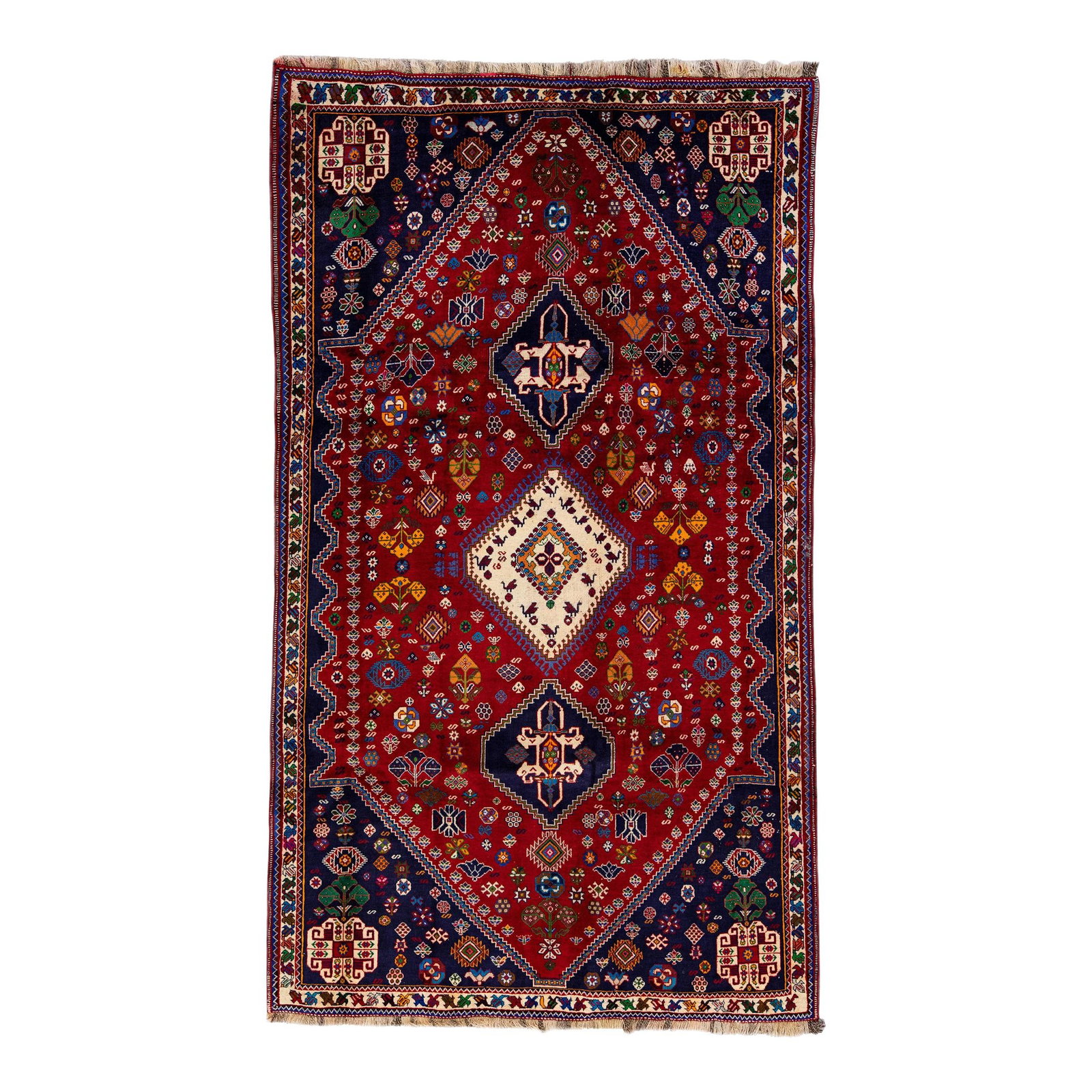 Vintage Handmade Shiraz Red Wool Rug 5'9 x 10'0 Geometric Design: Vintage Handmade Shiraz Red Wool Rug 5'9 x 10'0 Geometric Design Enhance your space with this exquisite Vintage Handmade Shiraz Wool Rug, featuring a striking red field adorned with a captivating all-