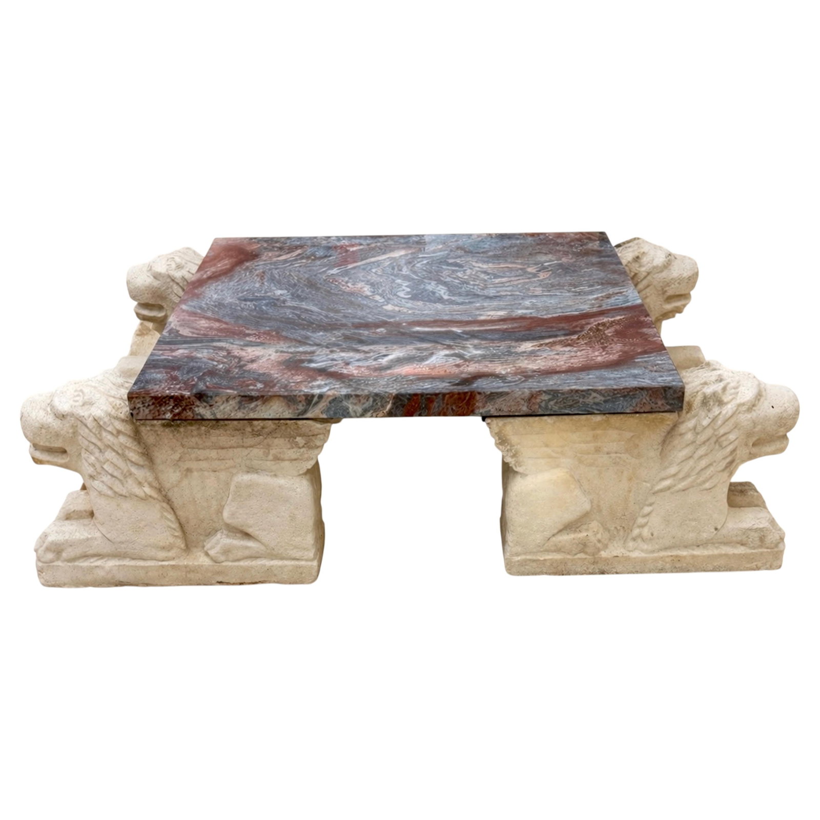 Neoclassical Breccia Marble Table with Florentine Lion Cast Stone Base Italy 1980s (1 of 16)