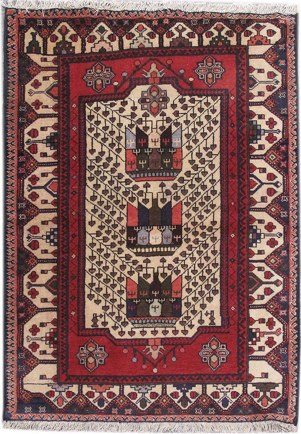 Persian Hamadan Tribal Rug 3.4 x 4.9 ft Hand Knotted Wool Geometric Design: Persian Hamadan Tribal Rug 3.4 x 4.9 ft Hand Knotted Wool Geometric Design Free continental US Shipping This hand-knotted Persian Hamadan rug features traditional ethnic tribal motifs, including geome