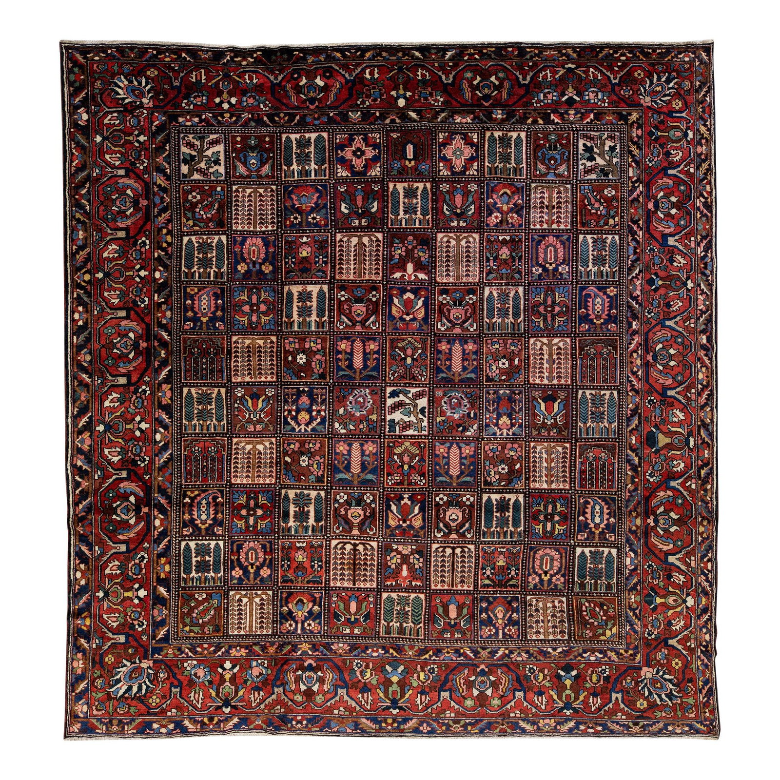 20th Century Persian Bakhtiari Hand-Knotted Red Wool Rug 12'6 x 13'1: 20th Century Persian Bakhtiari Hand-Knotted Red Wool Rug 12'6 x 13'1 This stunning 20th Century Persian Bakhtiari handmade rug features a vibrant red color field adorned with a classic all-over multic