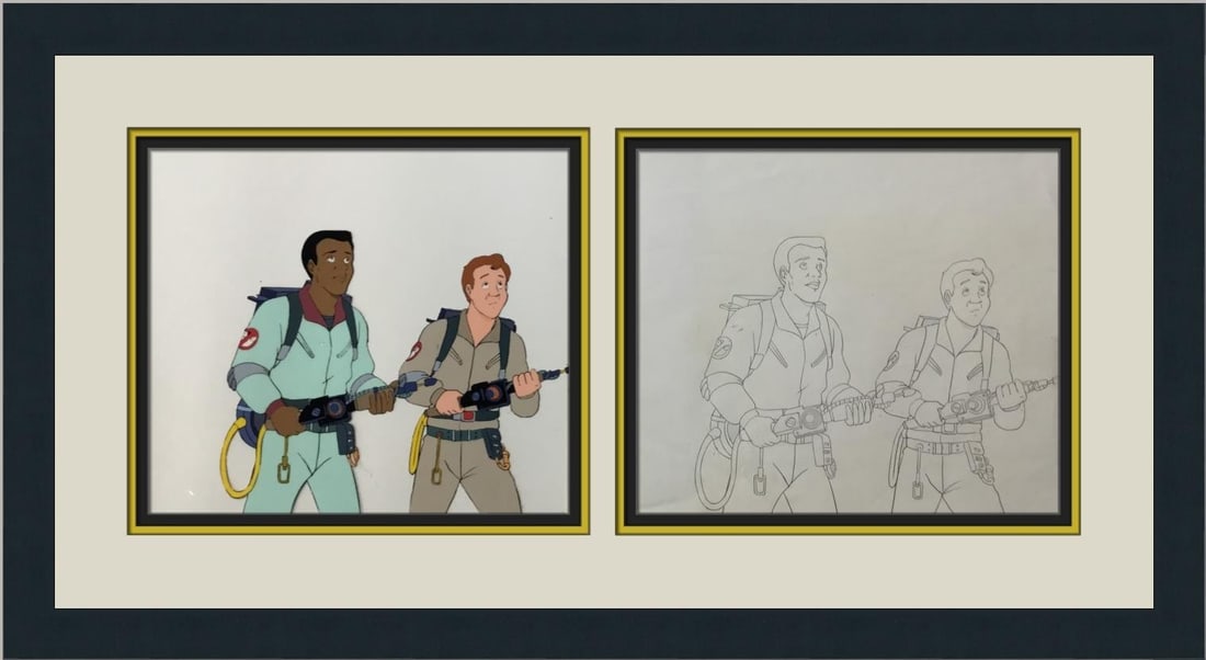 Ghostbusters Animation Cel and Drawing Featuring Ray Stantz and Winston Zeddemore: Ghostbusters Animation Cel and Drawing Featuring Ray Stantz and Winston Zeddemore This is an original hand-painted animation production cel with accompanying drawing from "The Real Ghostbusters," prod