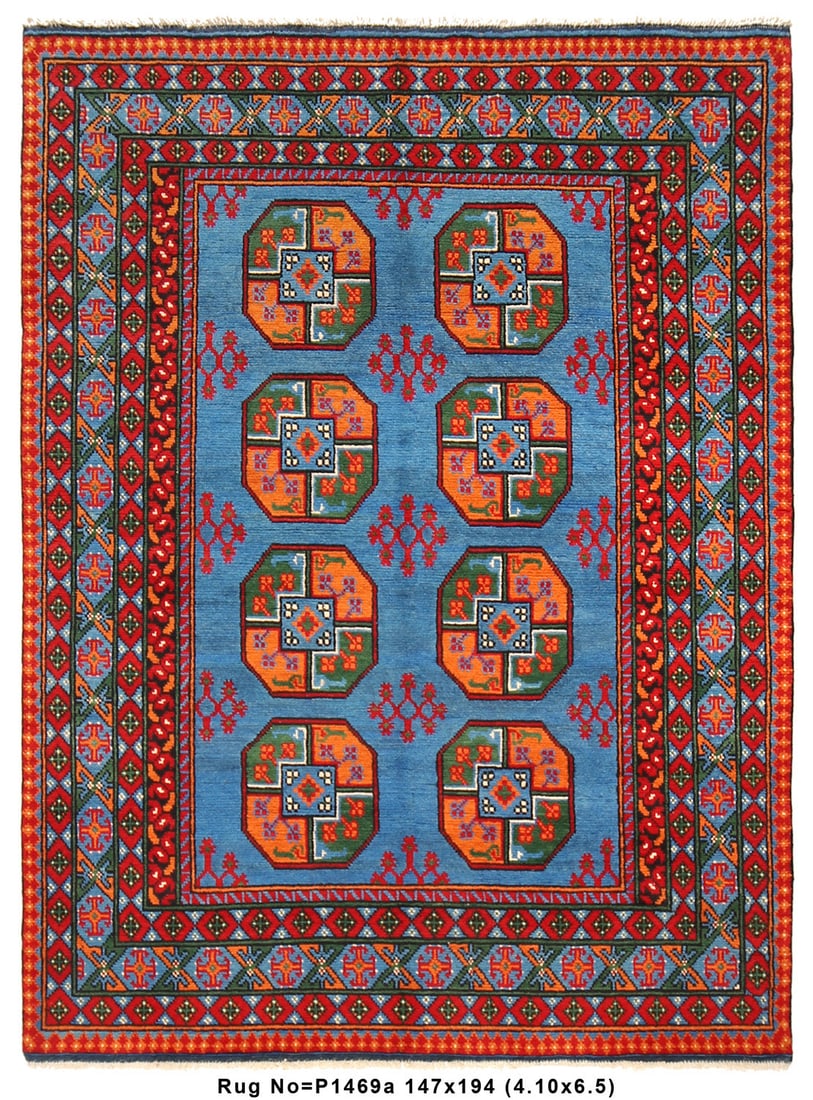 5' x 6' Afghan Turkman Bokara Rug Hand-Knotted Wool Blue: 5' x 6' Afghan Turkman Bokara Rug Hand-Knotted Wool Blue Free continental US Shipping Enhance your living space with this exquisite 5' x 6' Afghan Turkman Bokara Rug, skillfully hand-knotted from high