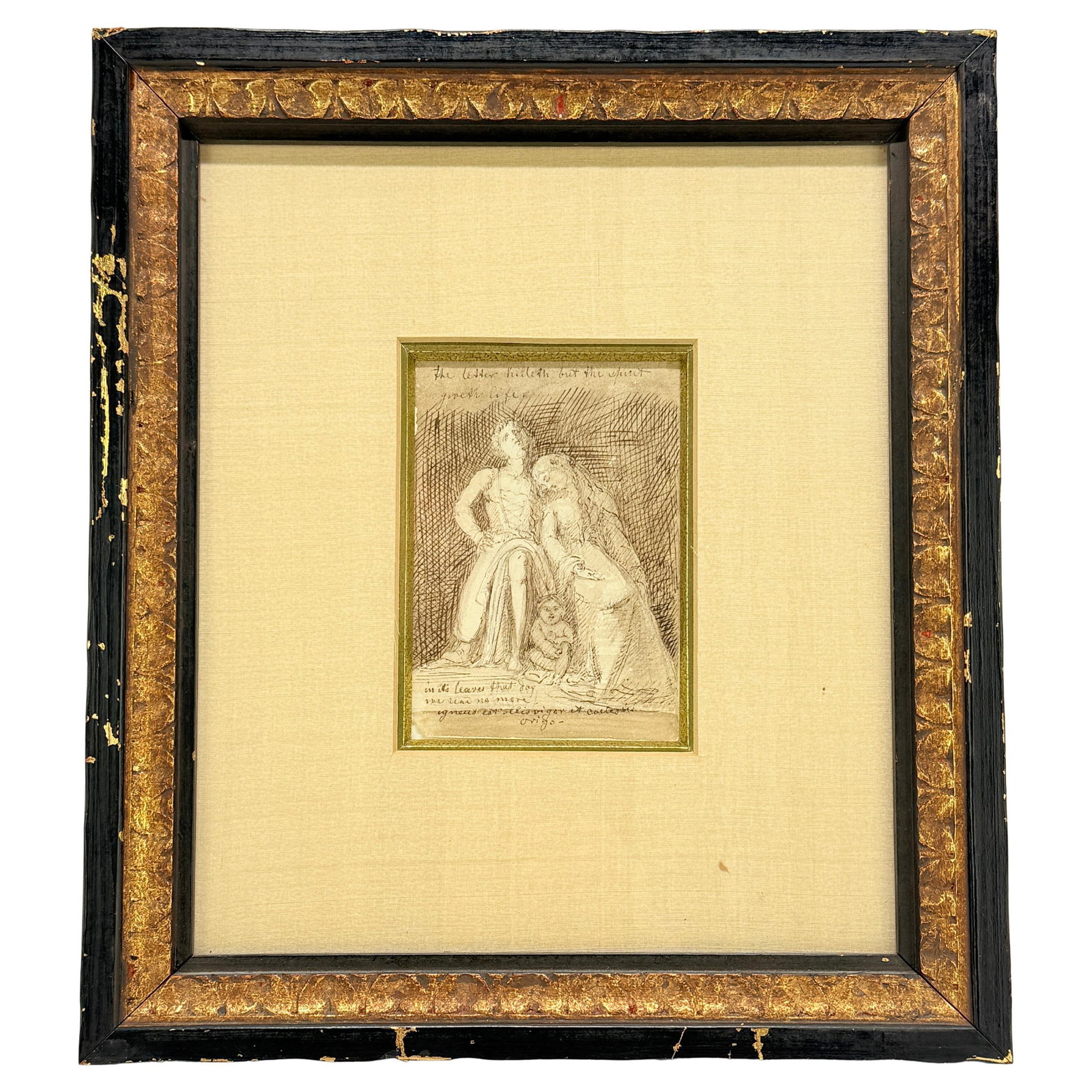 19th Century Neoclassical Allegorical Drawing Italy Giltwood Frame: 19th Century Neoclassical Allegorical Drawing Italy Giltwood Frame This exquisite 19th-century Neoclassical allegorical drawing on paper features a compelling scene with a seated male figure draped in