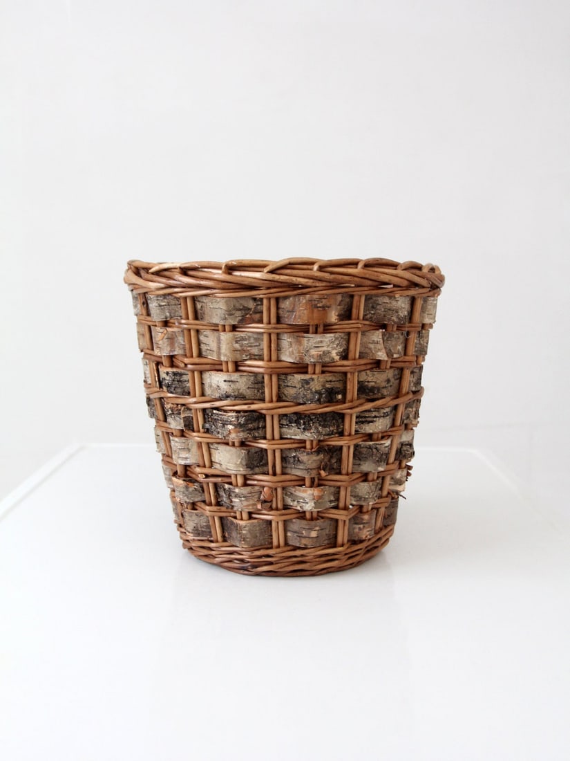 Handmade Wicker Basket with Birch Bark Panels 11.5 Inch: Handmade Wicker Basket with Birch Bark Panels 11.5 Inch Vintage handmade basket with a woven wicker structure and natural birch bark panels. The tapered silhouette and mix of materials create a rustic