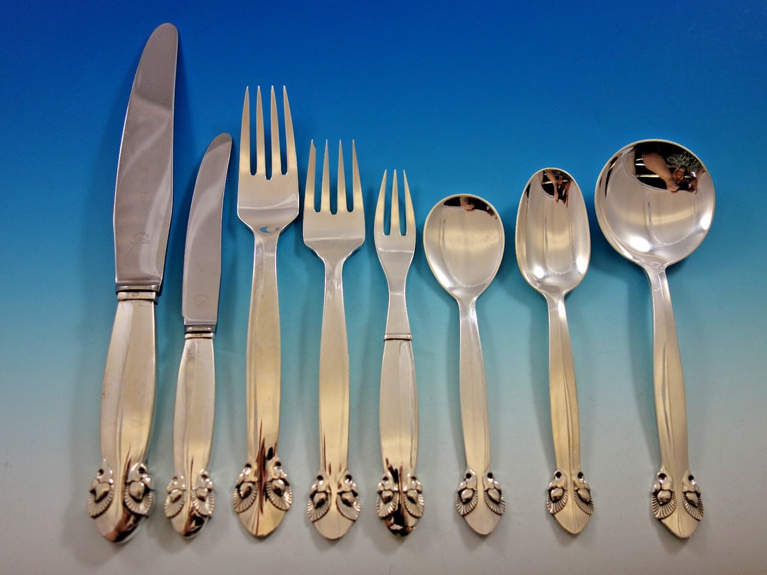 Georg Jensen Bittersweet Sterling Silver Flatware Set 53 pcs Art Deco: Georg Jensen Bittersweet Sterling Silver Flatware Set 53 pcs Art Deco Elevate your dining experience with this exquisite 53-piece Bittersweet sterling silver flatware set by Georg Jensen. Featuring a 