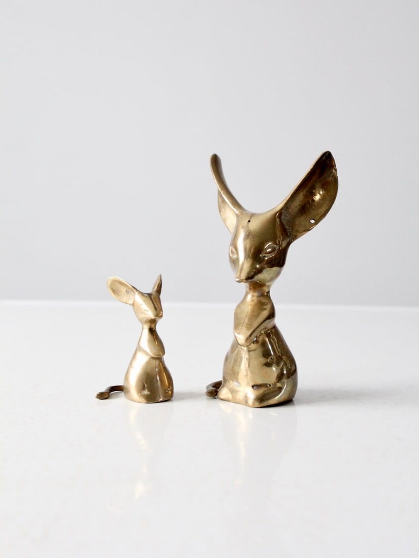 Vintage Brass Mouse Figurines Pair Mid Century Decor: Vintage Brass Mouse Figurines Pair Mid Century Decor A pair of vintage mid century brass mouse figurines featuring one large and one small mouse with sculptural forms, curled tails, sweet expressions,