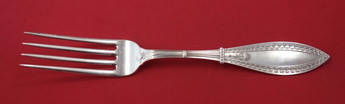 Schulz & Fischer Olympic Sterling Silver Fork 7 1/4in CA: Schulz & Fischer Olympic Sterling Silver Fork 7 1/4in CA Rare Olympic pattern sterling silver regular fork by Schulz & Fischer. This pre-owned piece is not monogrammed and is in excellent condition. A