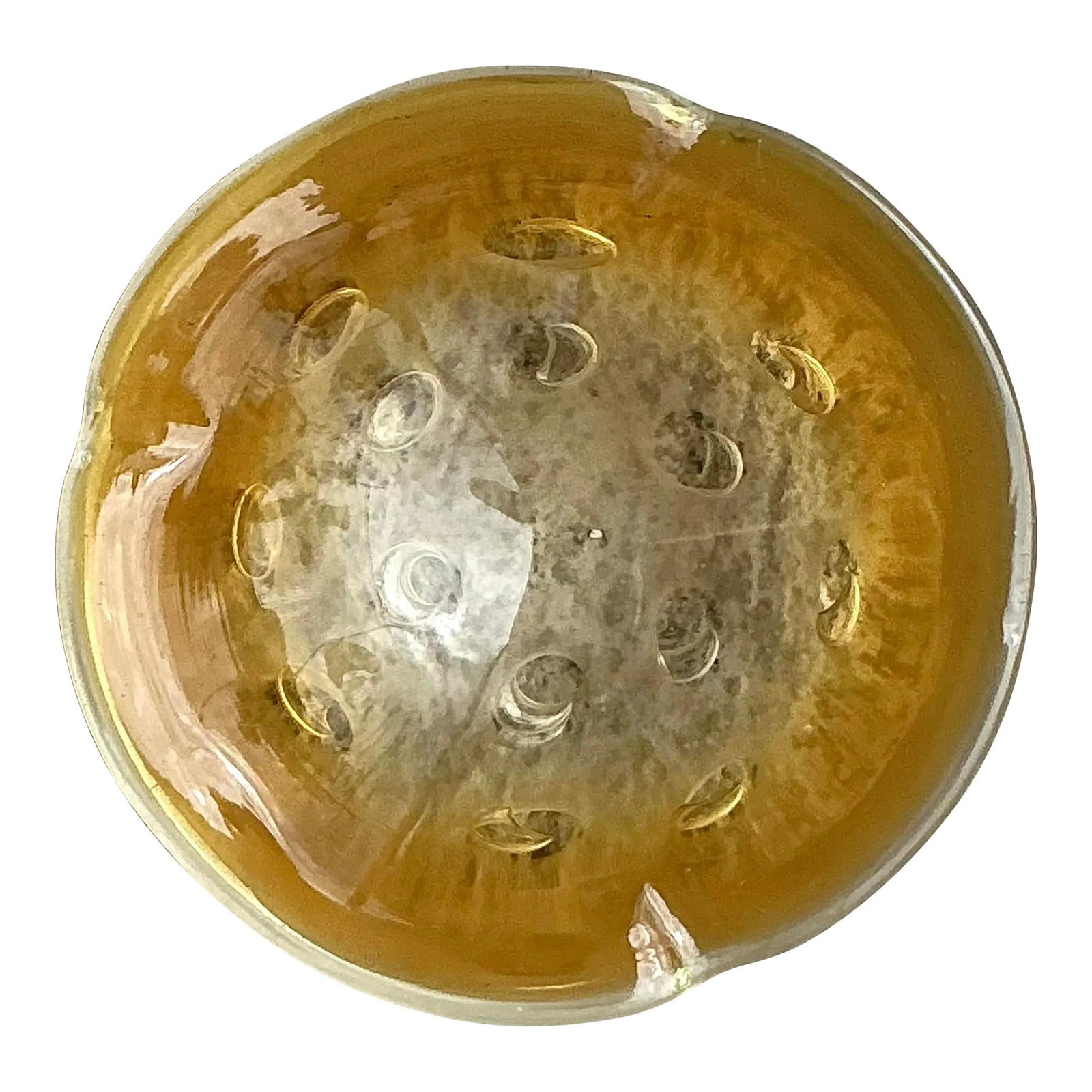 Vintage Amber Art Glass Bowl Murano Style 7 Round: Vintage Amber Art Glass Bowl Murano Style 7 Round This stunning vintage art glass bowl embodies mid-century elegance with its rich amber hue and sculptural form, reminiscent of classic Murano glass de