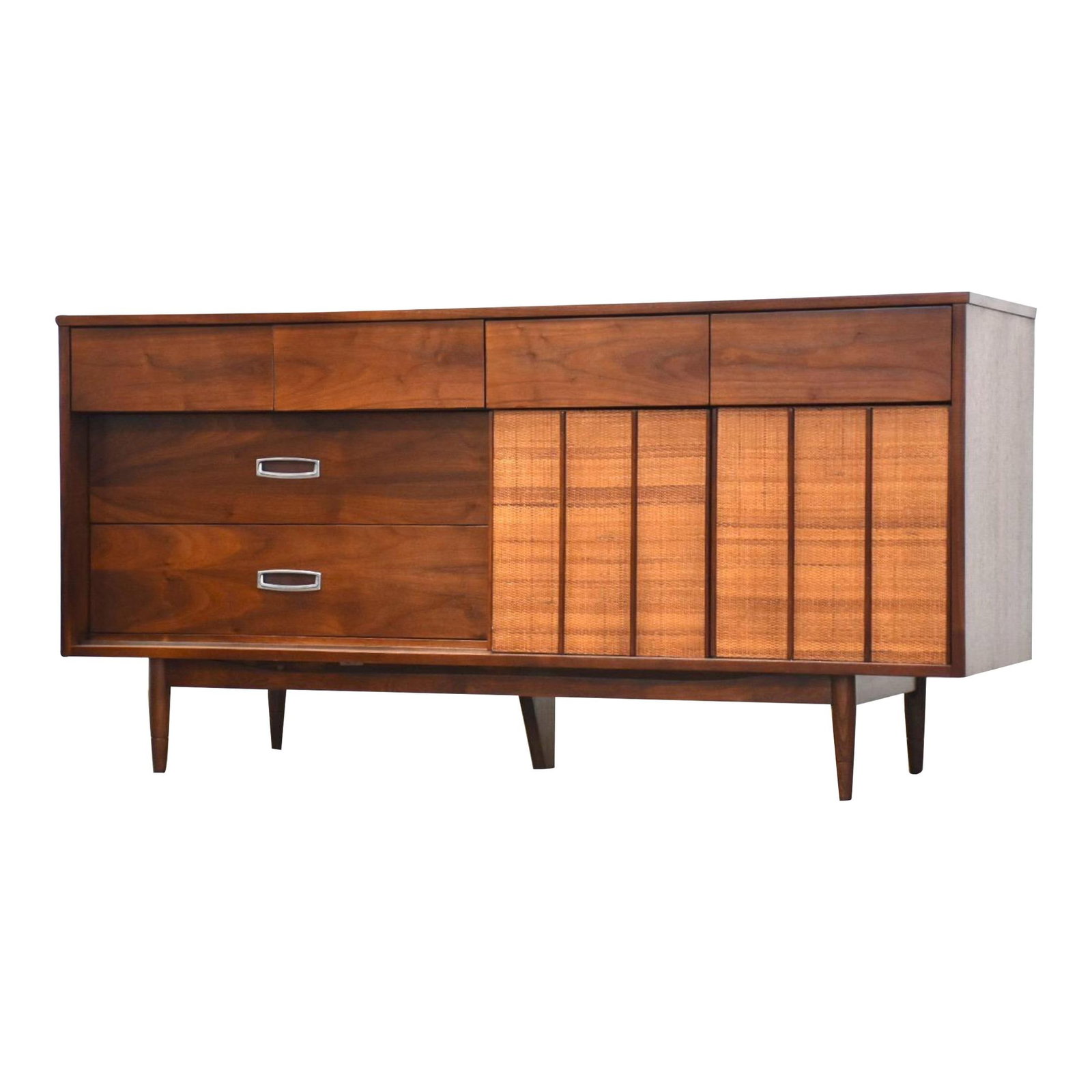 Mid Century Walnut and Cane Dresser 1960s by Hooker: Mid Century Walnut and Cane Dresser 1960s by Hooker This stunning mid-century modern dresser features a refined walnut construction complemented by elegant sliding cane doors. The piece has been profe