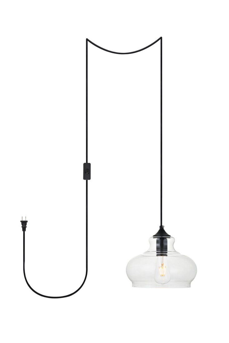 Destry black glass swag pendant light 1 bulb: Destry black glass swag pendant light 1 bulb This modern swag pendant chandelier features a black finish with a clear round glass shade, offering a sleek and contemporary look suitable for various ind