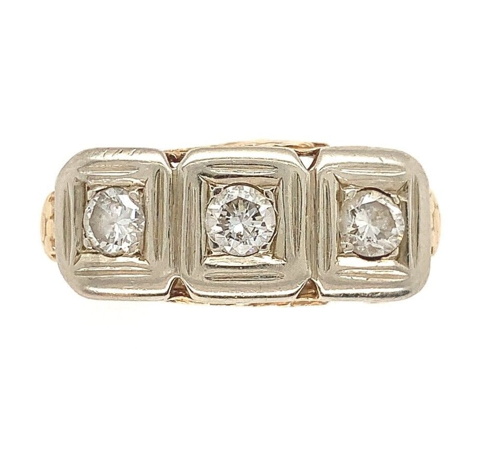 14k Yellow Gold Vintage Three Stone Diamond Filigree Ring GIA Certified: 14k Yellow Gold Vintage Three Stone Diamond Filigree Ring GIA Certified This exquisite 14k Yellow Gold Three Stone Genuine Natural Diamond Filigree Ring features a beautifully intricate design dating 